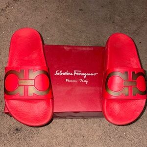 Salvatore Ferragamo Red Slide Sandals with Black-Gold Logo Accent